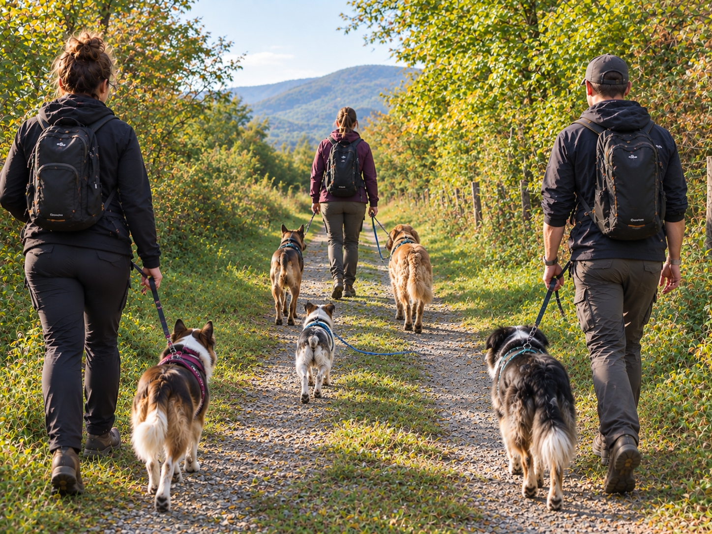 Des maitres et leurs chiens en laisse, qui se baladent sur un chemin de foret