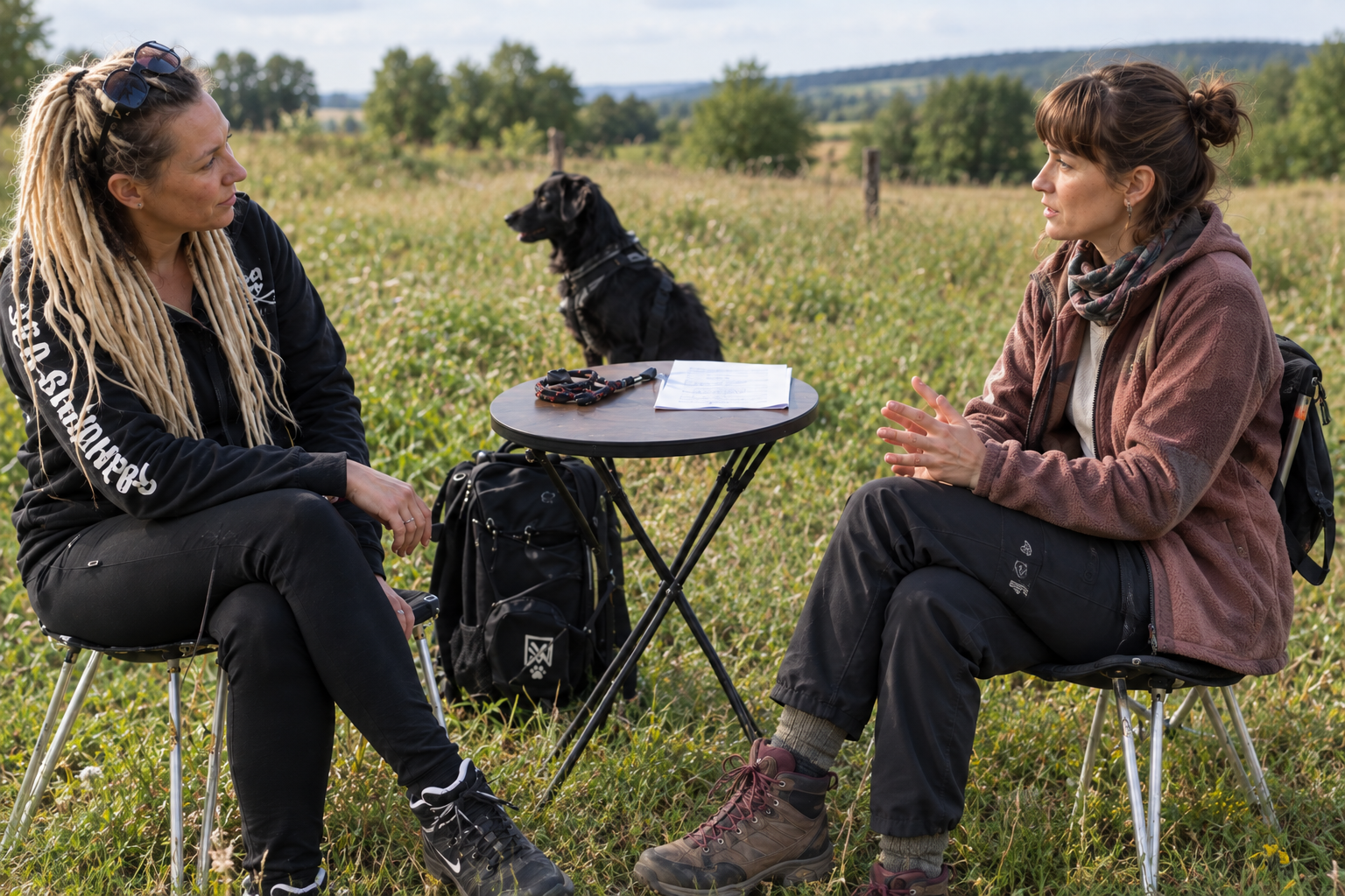 Photo de Sandrine éducatrice canine et une maitresse de chien, toutes les deux assises autour d'une table dans un champs à la campagne avec au loin un chien assis.