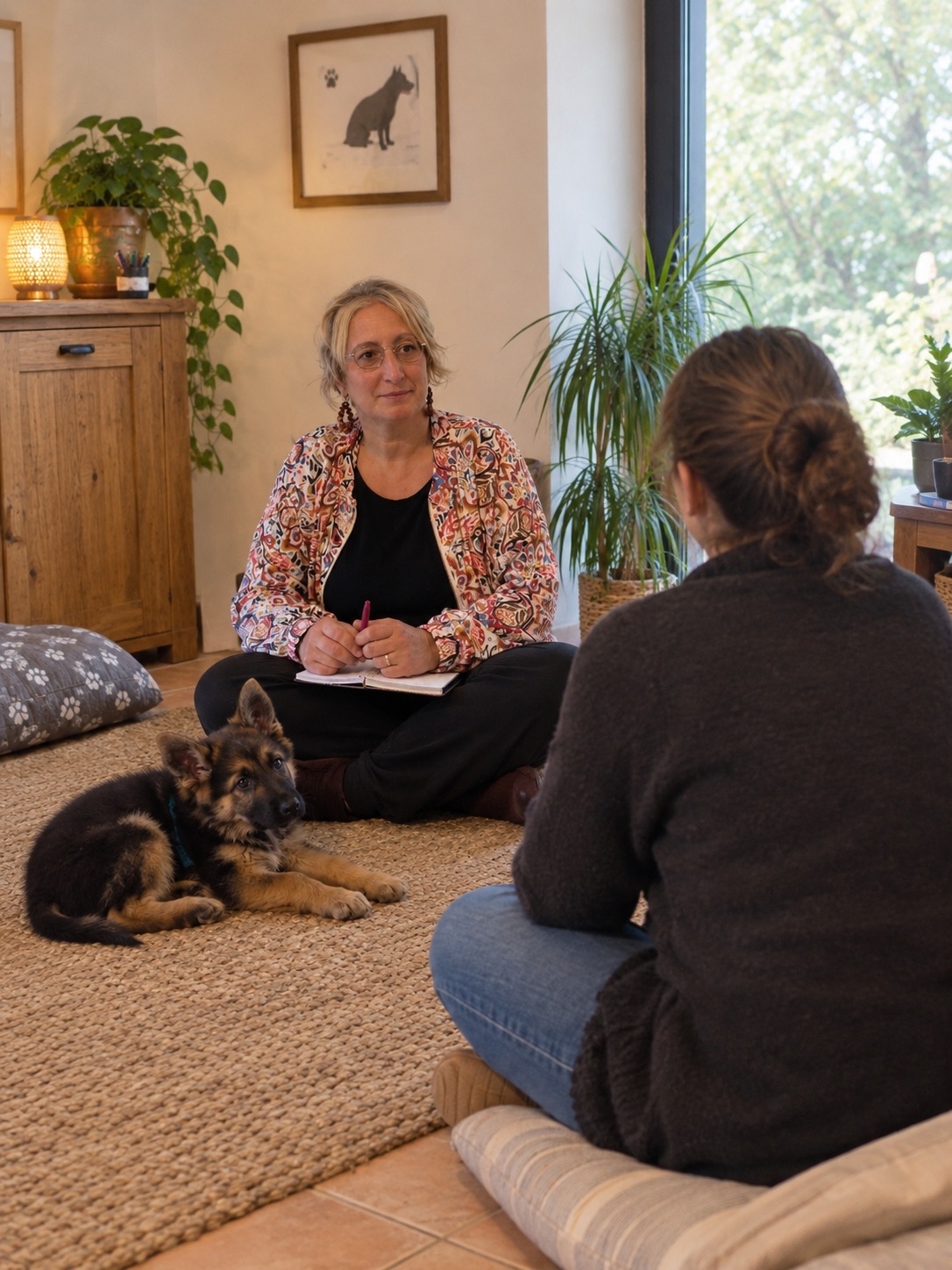 Deux femmes assises en tailleur par terre, se faisans face, discutant, dans un salon, avec un chiot couché sur un tapis entre elles