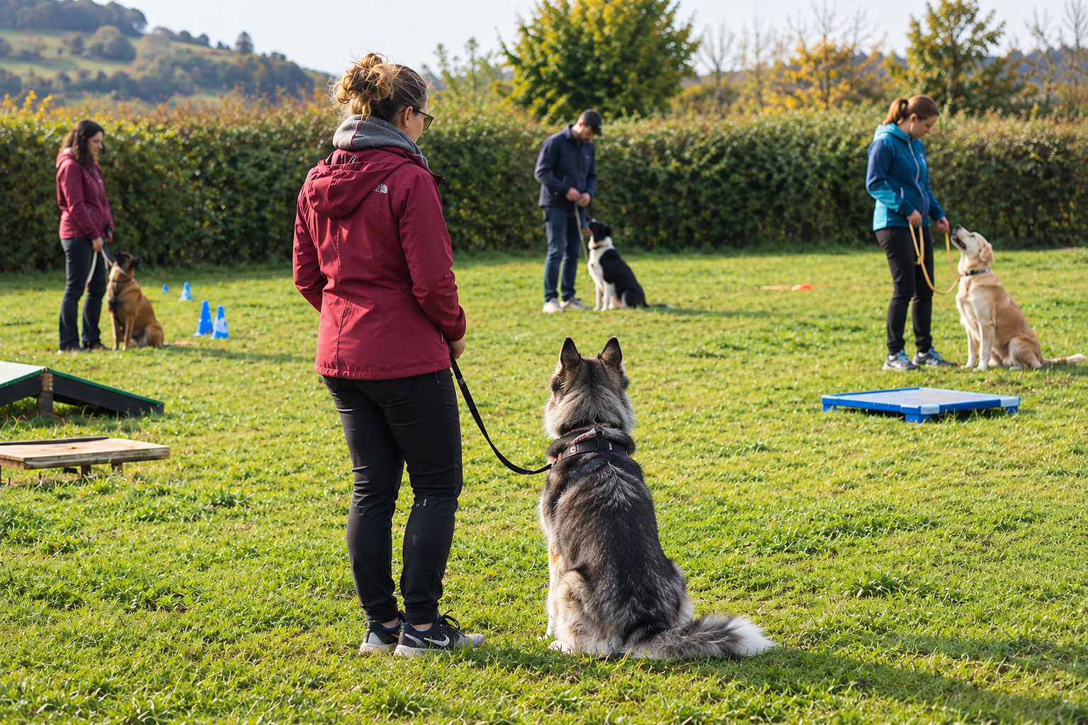 Plusieurs maitres avec leurs chiens assis à coté d'eux dans un champs, avec des exercices au sol