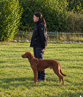 Chien debout au pied de son maitre, tout deux de profil, dans un champs à la campagne