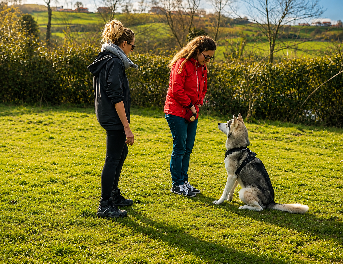 Deux femmes dans un champs avec un chien type husky qui font une séance d'éducation canine