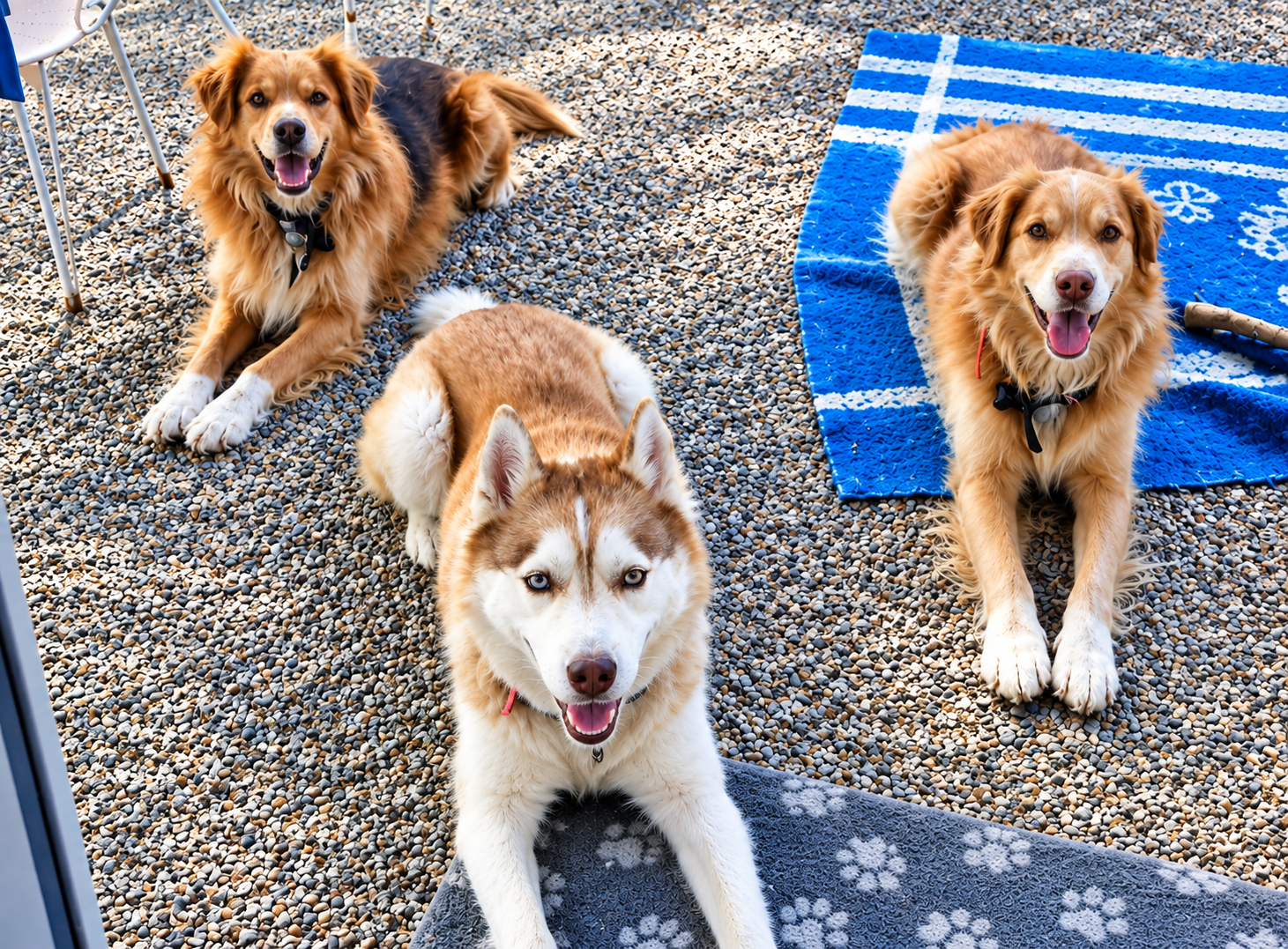 Trois chiens allongés dans une cour