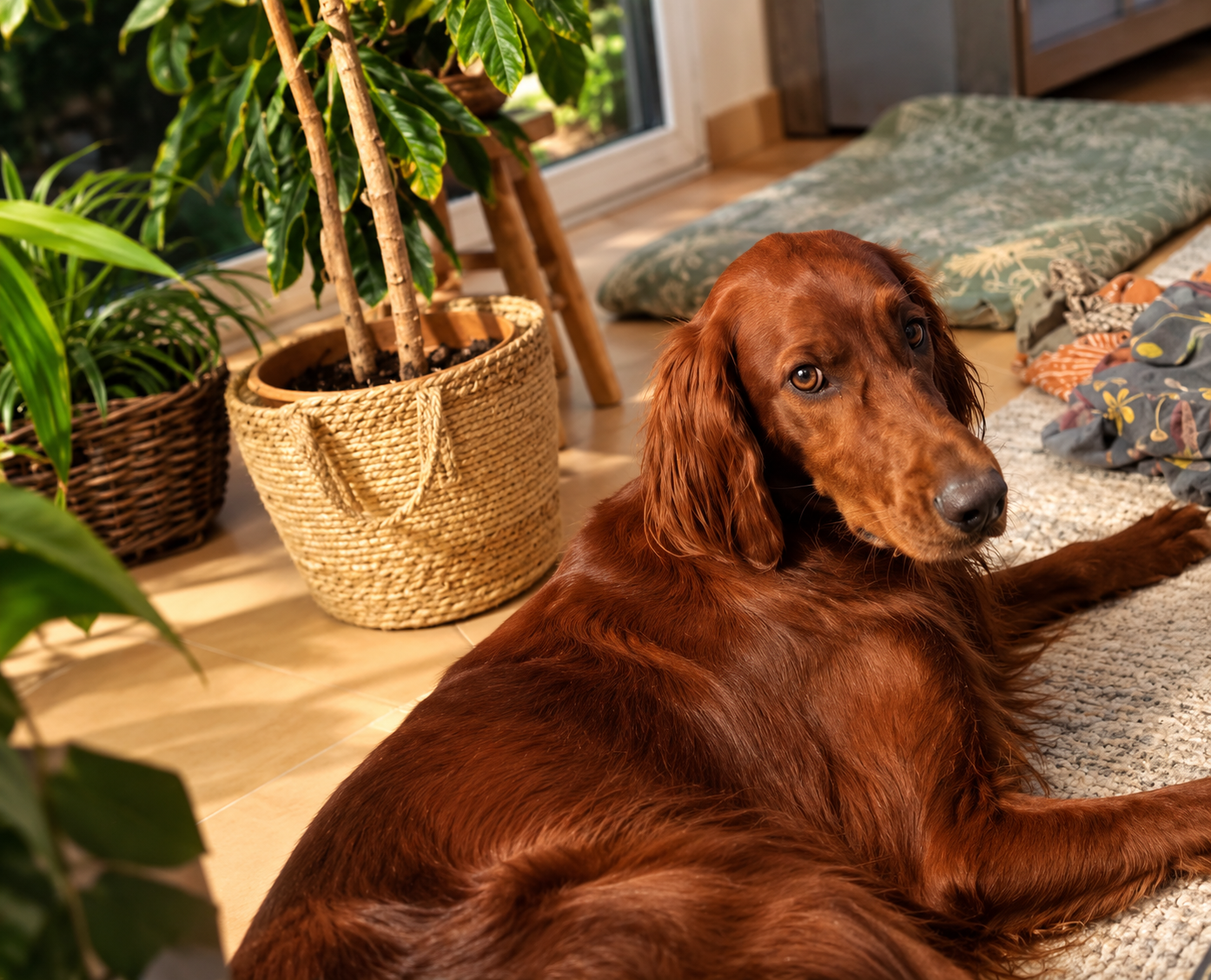 Un chien roux allongé dans son salon sur un tapis